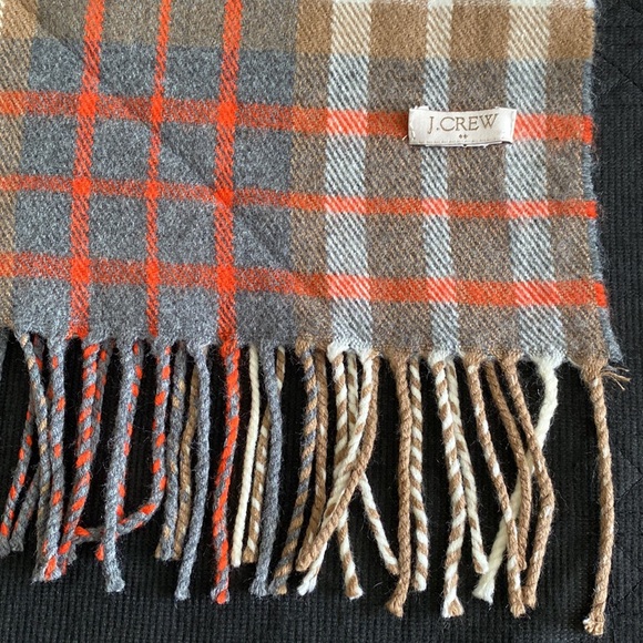J. Crew Accessories - J. Crew wool blanket scarf plaid tartan neutrals and orange fringe